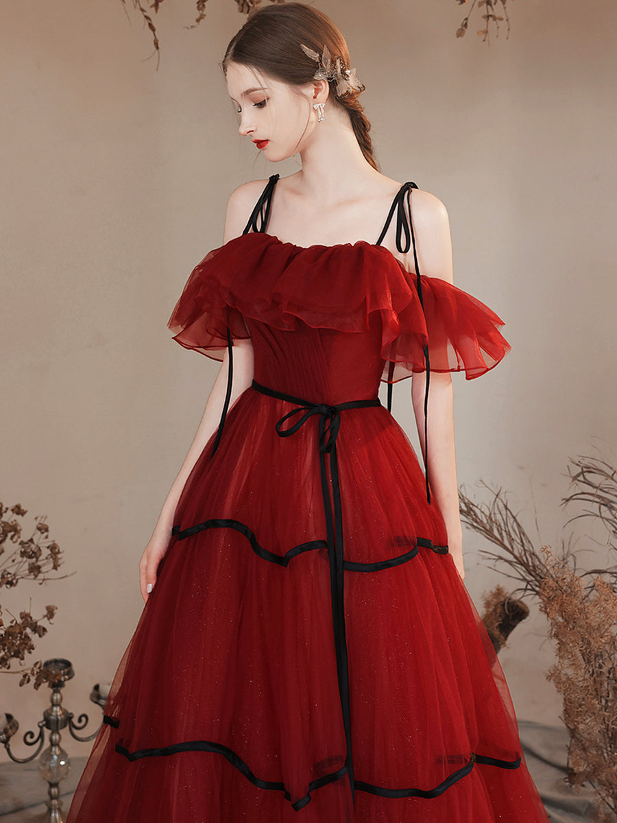 Luolandi Burgundy Tulle Long Prom Dresses Off Shoulder Evening Party Dresses