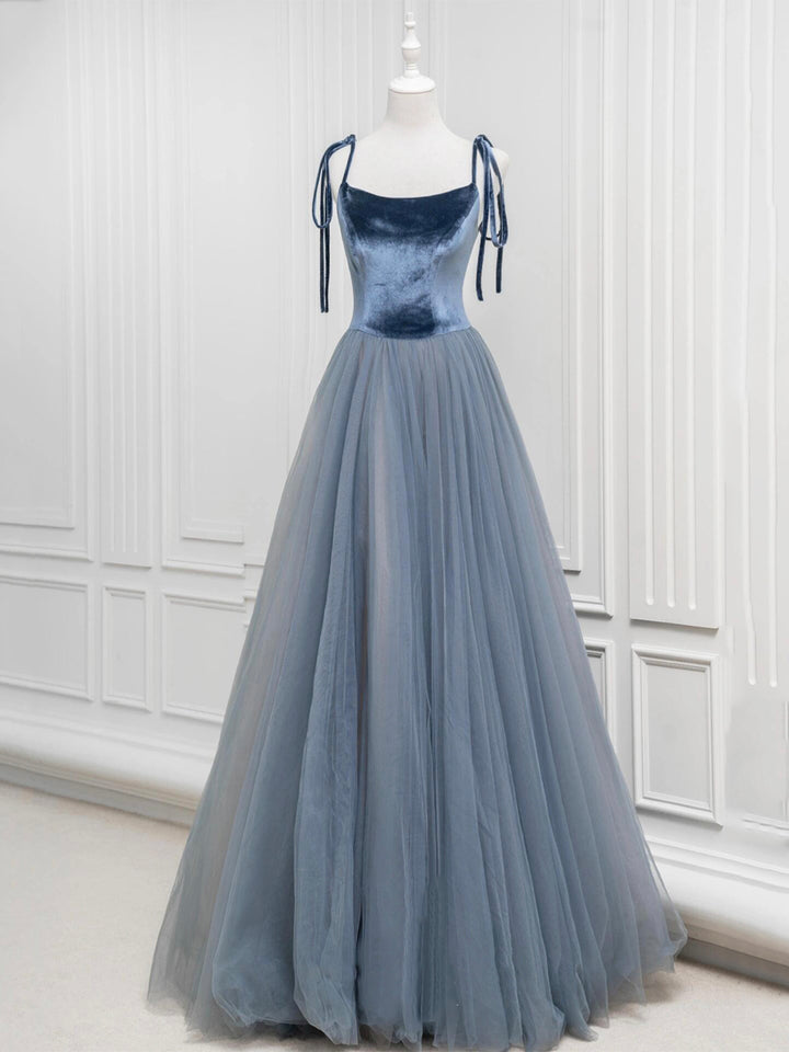 Luolandi A-Line Velvet Tulle Long Prom Dress Gray Blue Spaghetti Strap Evening Party Dress Floor Length