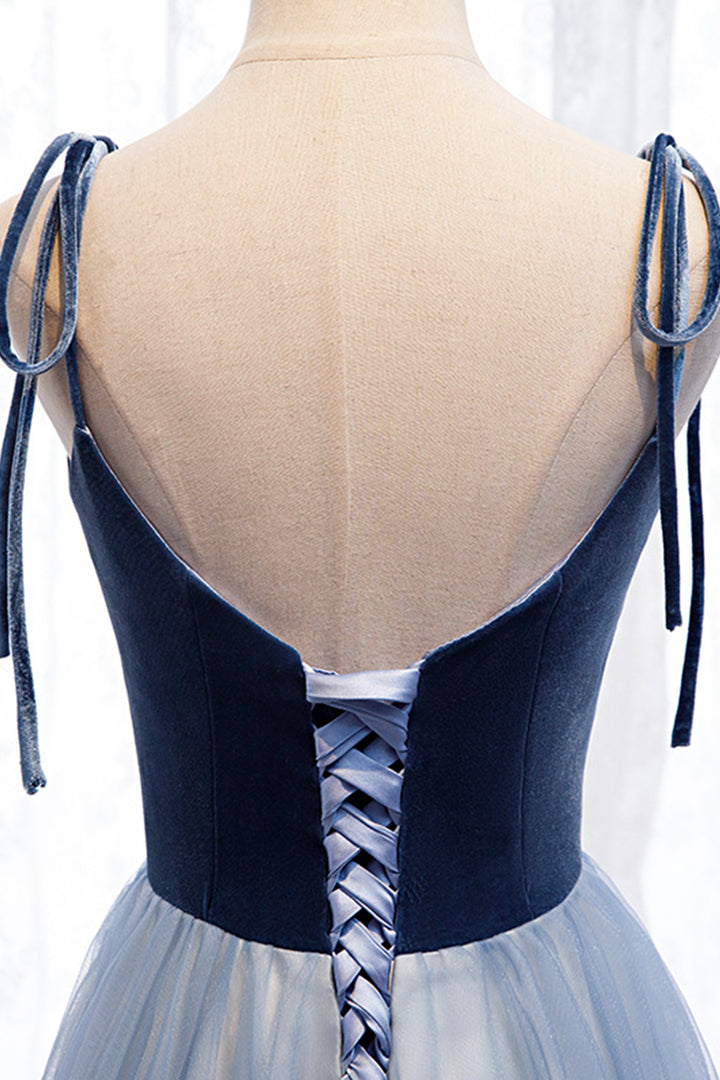 Luolandi Blue Velvet Tulle Long Prom Dresses A-Line Evening Dresses Floor Length