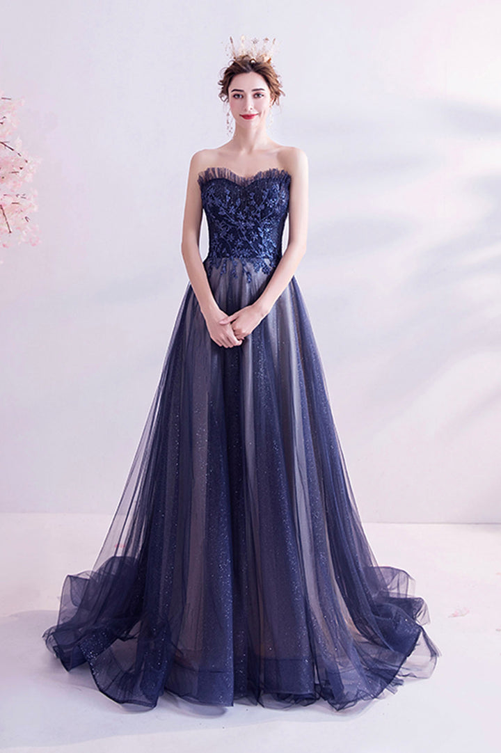 Luolandi Blue Strapless Tulle Long Prom Dresses A-Line Evening Dresses Off Shoulder