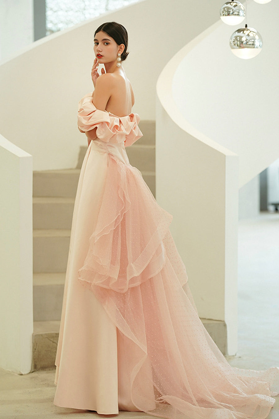 Luolandi Pink Satin Long Prom Dresses A-Line Off the Shoulder Evening Party Dresses Sexy