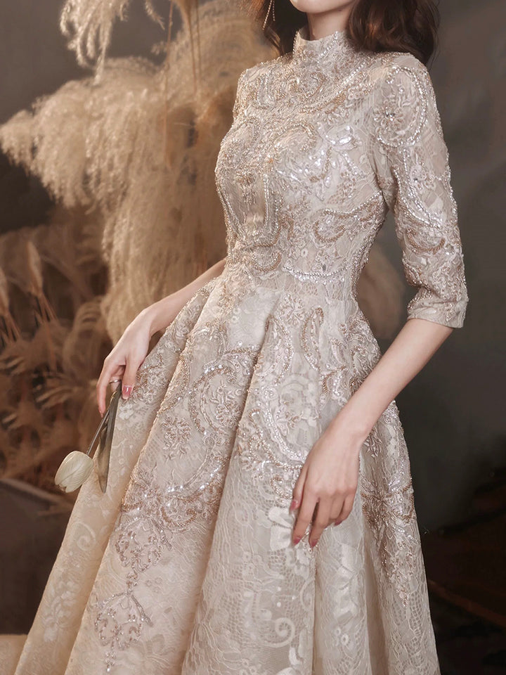 Luolandi Elegant Lace Mid-sleeve Long Formal Dress Champagne High Neck Evening Party Dress Beautiful