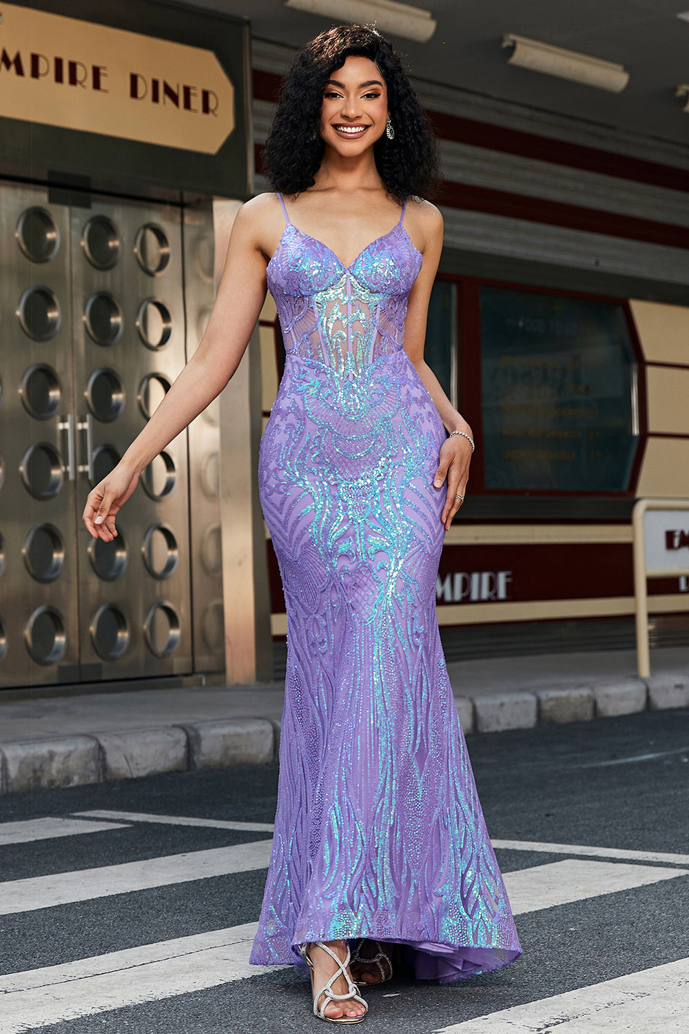 Luolandi Sparkly Purple Mermaid Spaghetti Straps Prom Dress with Sequins Sexy Evening Dresses