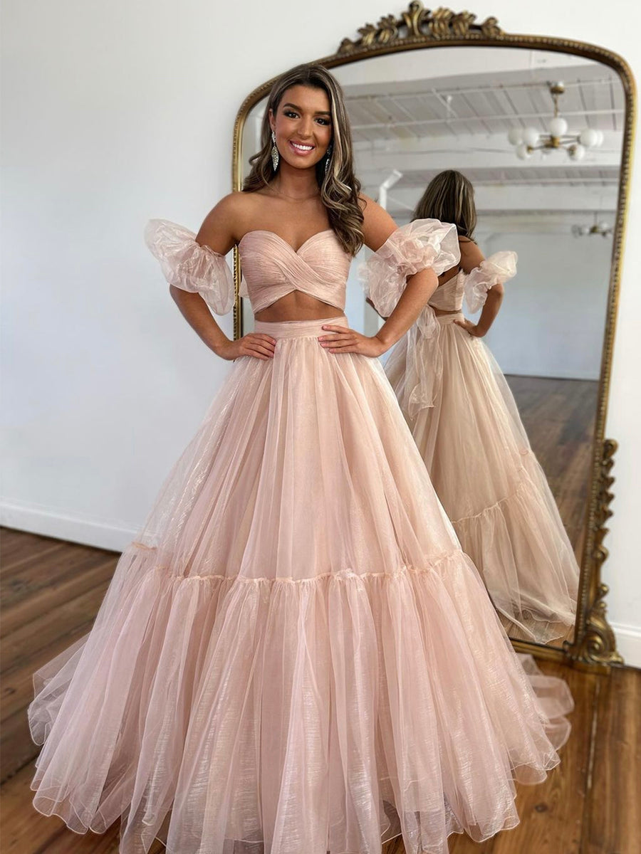 Luolandi Pink Tulle Long Formal Dress Two Pieces Evening Dress Party Dress Off Shoulder