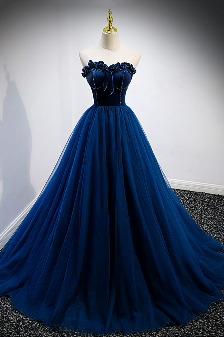 Luolandi Blue Velvet Tulle Long Prom Dresses A-Line Strapless Evening Dresses Off Shoulder