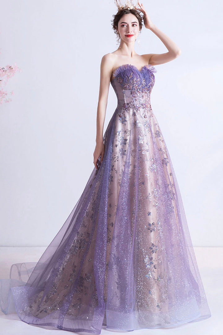 Luolandi Purple Tulle Sequins Long Prom Dresses A-Line Strapless Evening Dresses Without Crown