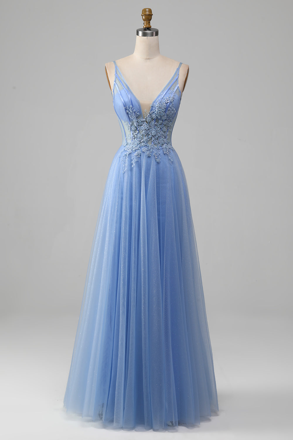 Luolandi Light Blue A-Line V Neck Tulle Long Prom Dress With Appliques Beautiful