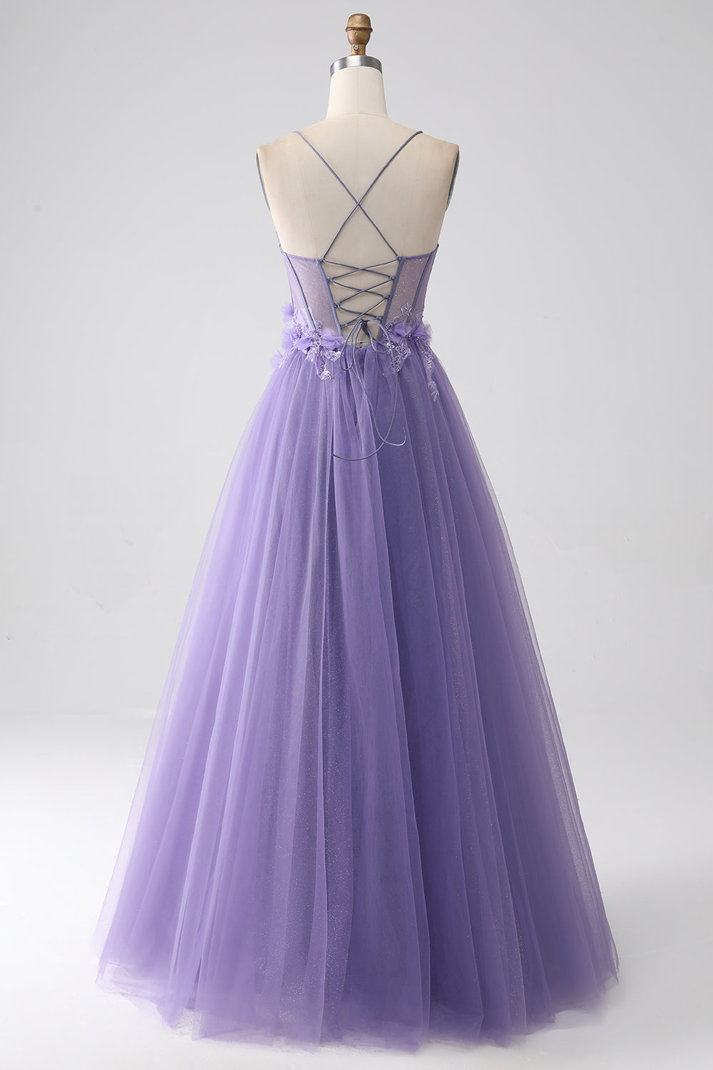 Luolandi A-Line Spaghetti Straps Corset Purple Prom Dress with 3D Flowers Floor Length Sexy