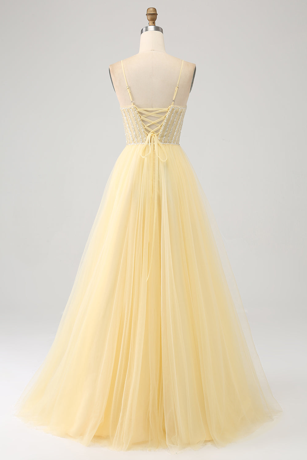 Luolandi Light Yellow A-Line Spaghetti Straps Beaded Tulle Prom Dress with Slit Floor Length Sexy