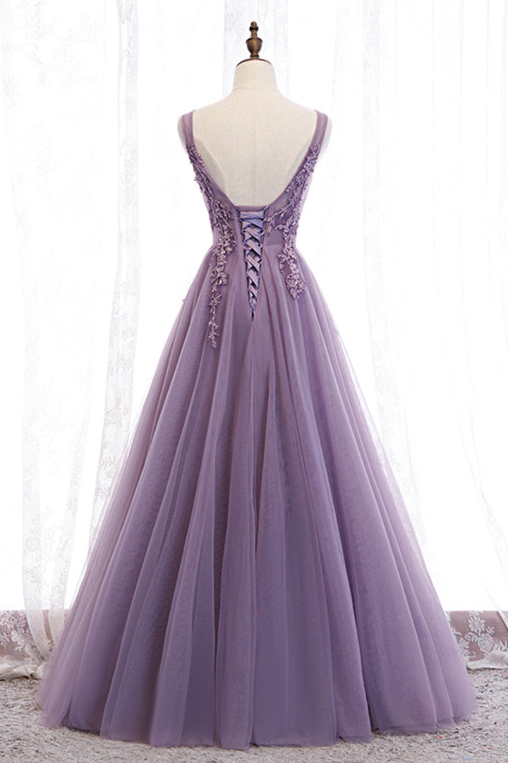 Luolandi Purple V-Neck Lace Long Prom Dresses A-Line Evening Party Dresses Sexy
