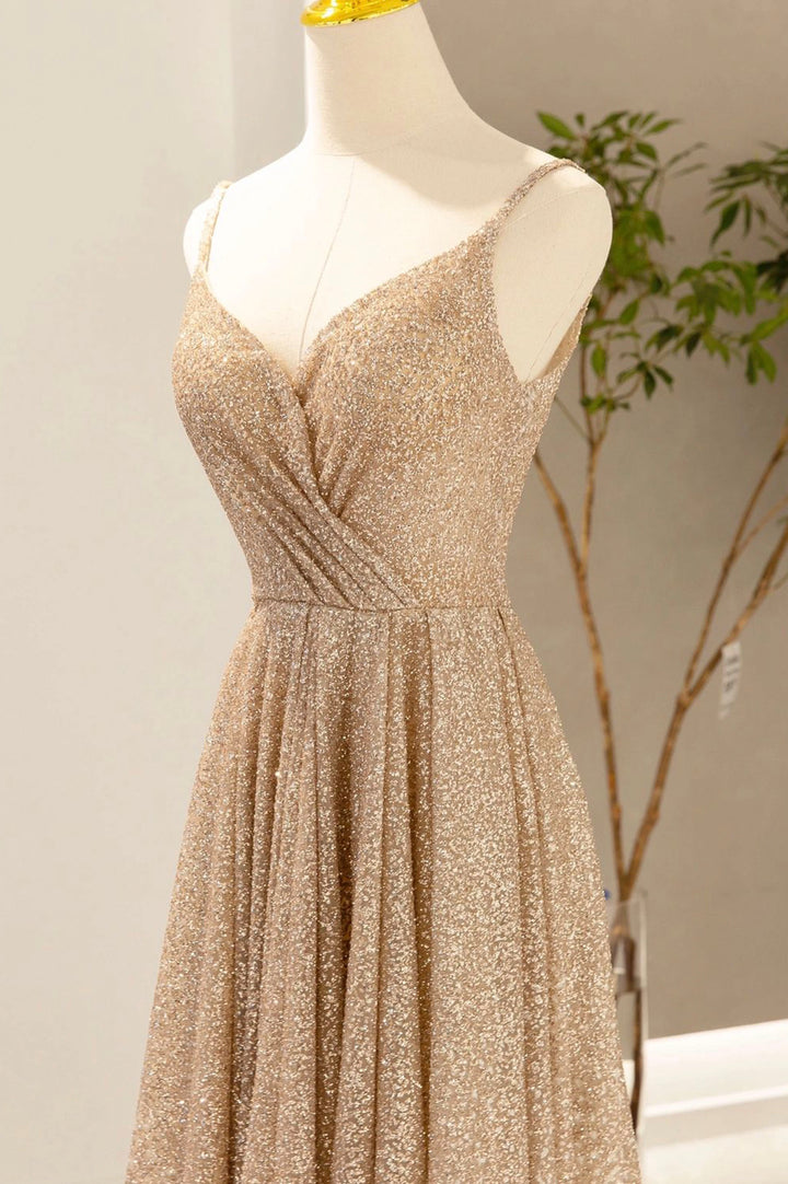 Luolandi Gold V-Neck Sequins Long Prom Dress A-Line Evening Party Dress Sparkly