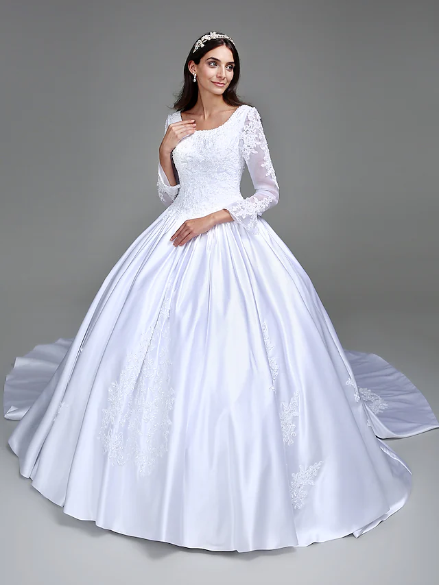 Luolandi Ball Gown Wedding Dresses Scoop Neck Satin Long Sleeve Simple Vintage See-Through with Beading
