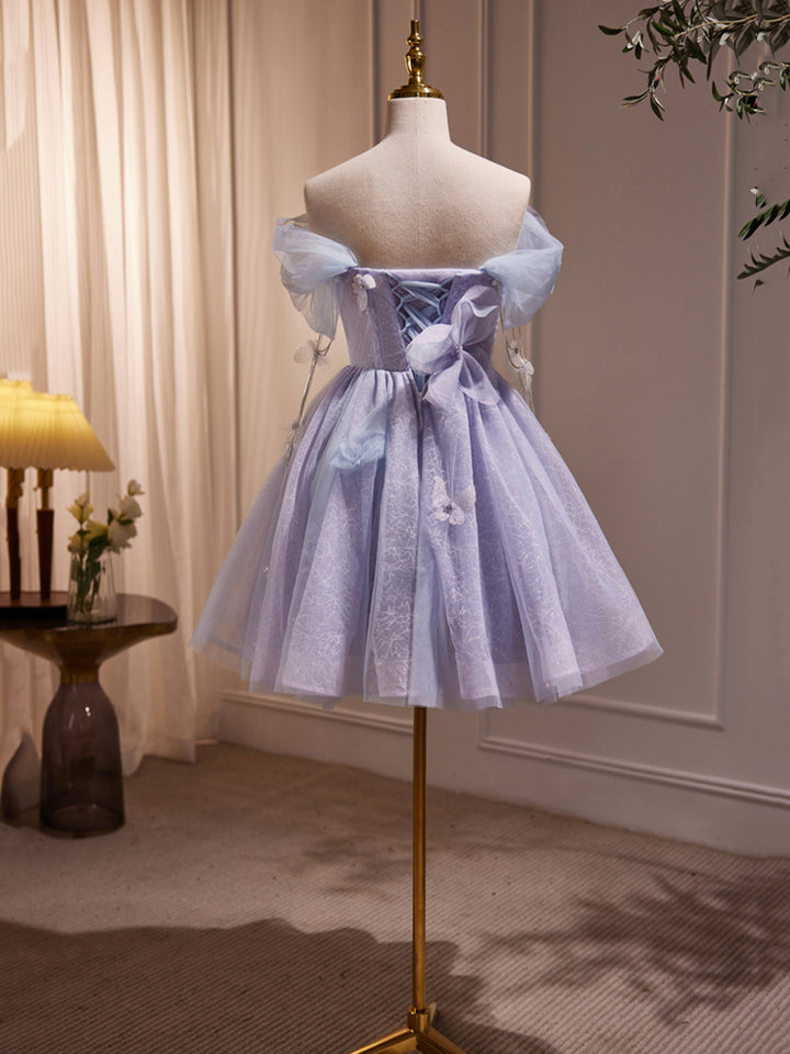 Luolandi Purple Tulle Knee Length Birthday Party Formal Dress Off the Shoulder Prom Dress Homecoming Dresses