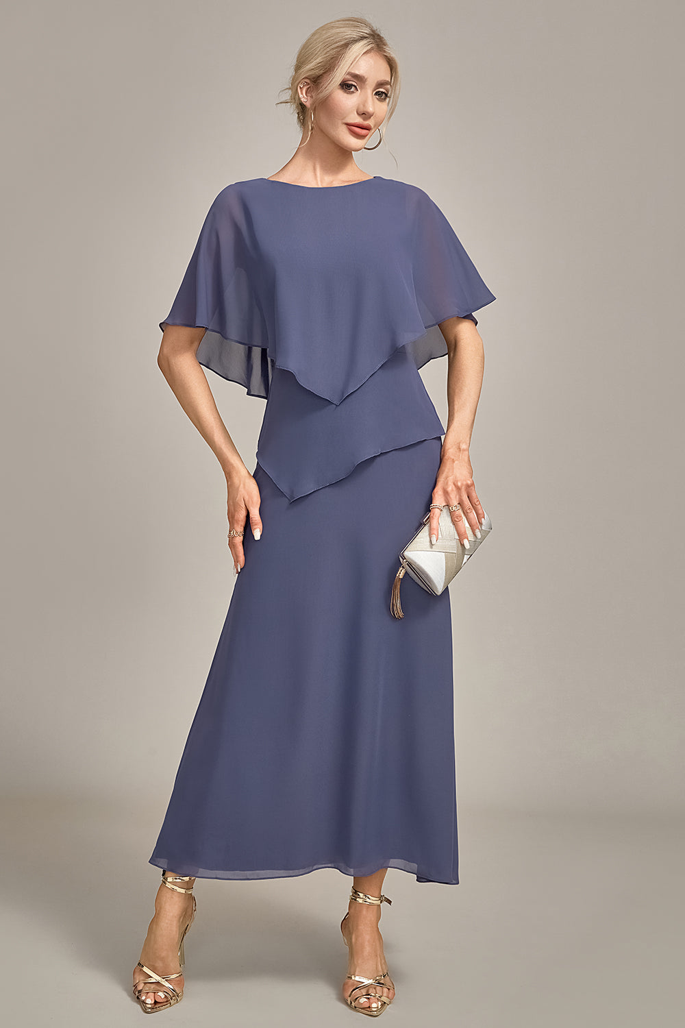 Luolandi Stormy Sheath Scoop Tea-Length Chiffon Mother of the Bride Dress Pure Color