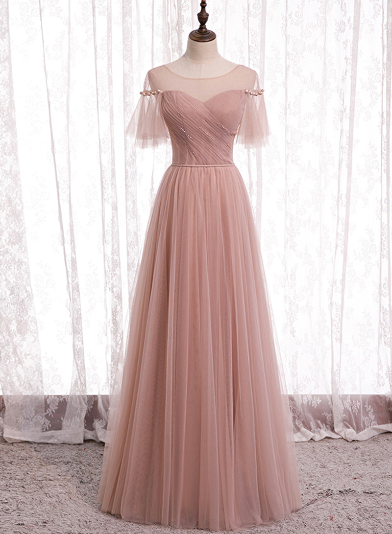Luolandi Pink Tulle Long Prom Dresses A-Line Evening Party Dresses Elegant Bridesmaid Dresses