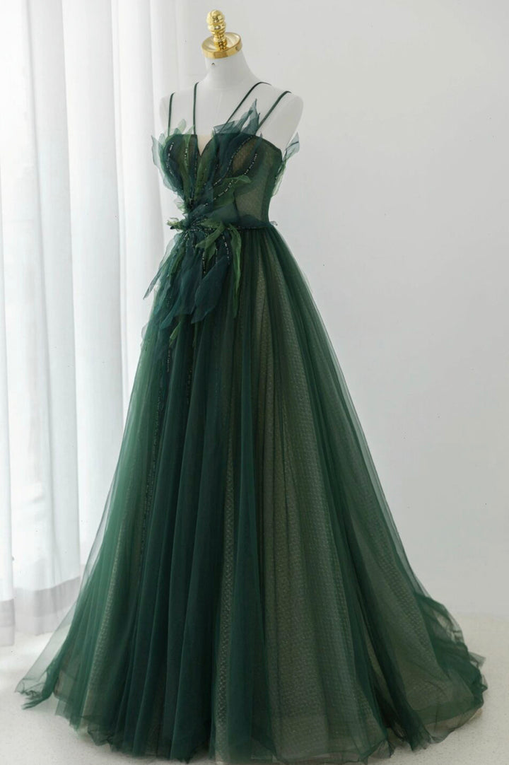 Luolandi Green Tulle Long A-Line Prom Dress Formal Evening Dress Sexy