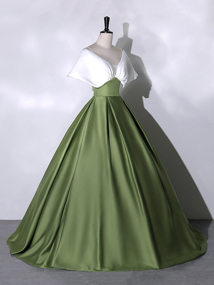 Luolandi +Green Satin Floor Length Prom Dress V-Neck Off the Shoulder Evening Dress Sexy