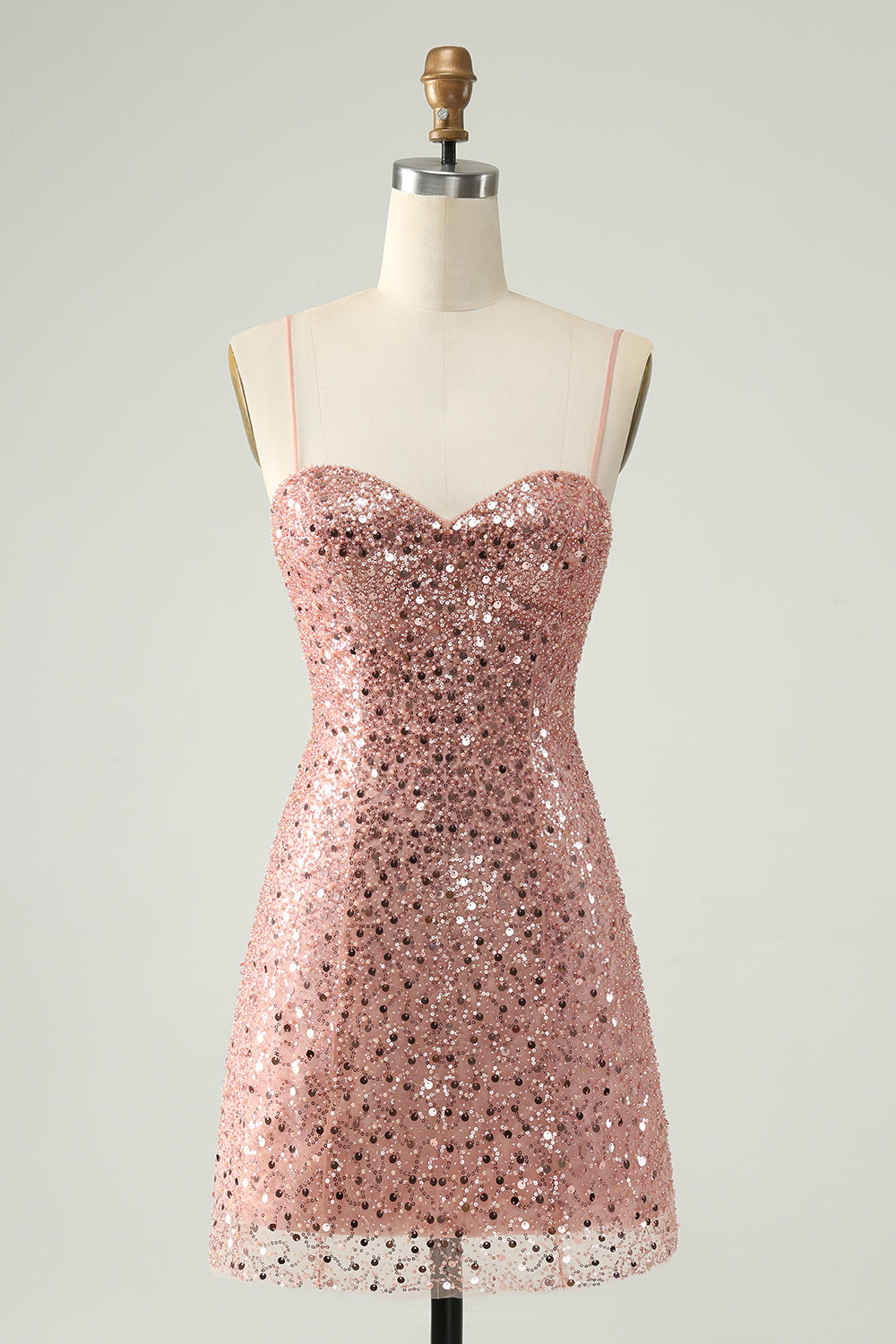 Luolandi Sparkly Blush A Line Spaghetti Straps Short Homecoming Dress with Sequins Sexy