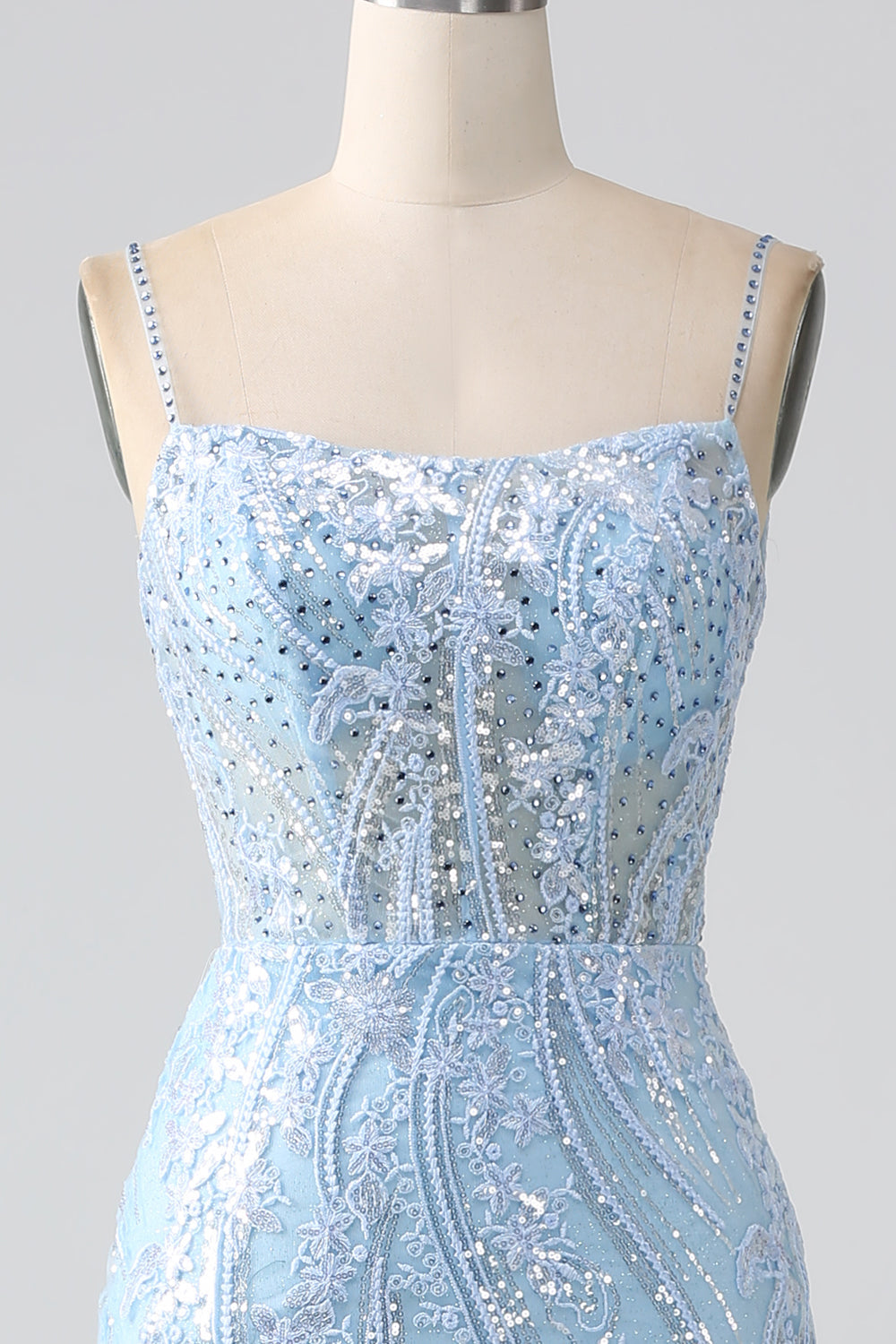 Luolandi Sparkly Sky Blue Mermaid Spaghetti Straps Corset Long Prom Dress With Sequins Beautiful