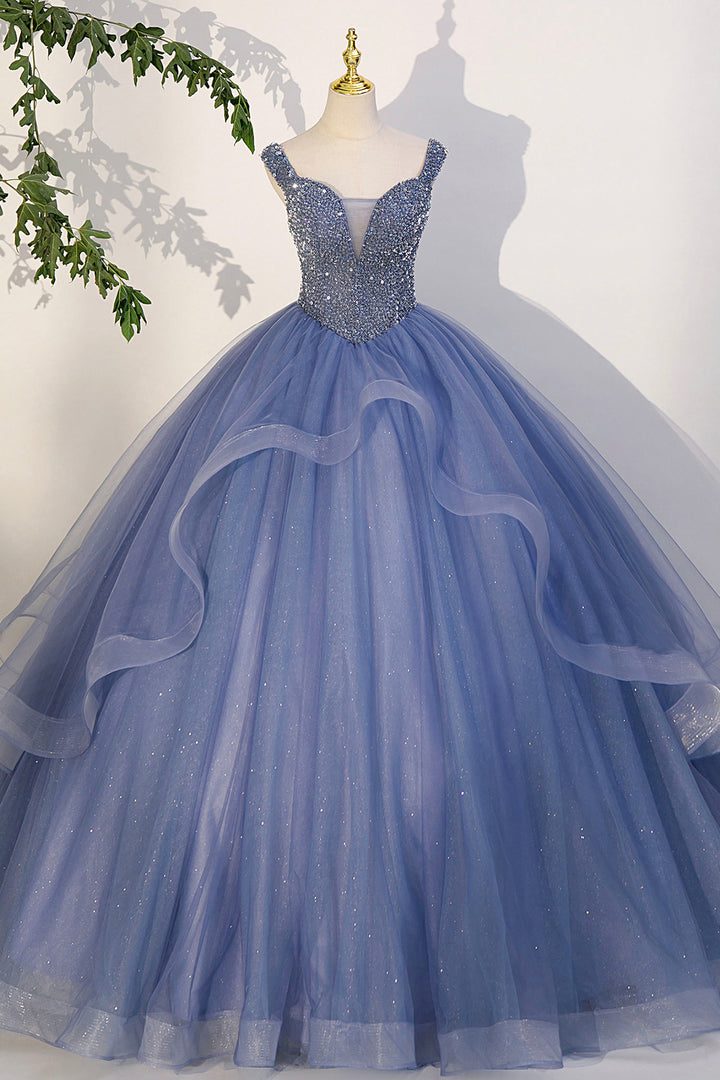 Luolandi Blue Beaded Tulle Long A-Line Prom Dress Blue Formal Evening Dress Sparkly