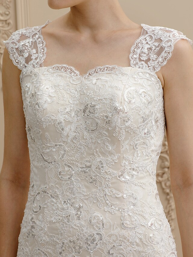 Luolandi Wedding Dresses Square Neck Court Train Lace Over Tulle Regular Straps Wedding Dress in Color Floral Lace See-Through with Buttons Sequin