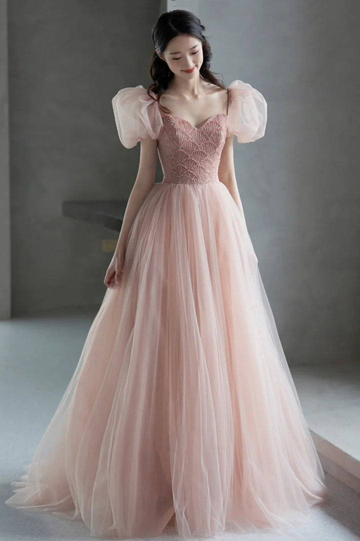 Luolandi Pink Tulle Beaded Long Prom Dress Cute Puff Sleeves Evening Dress Party Dress