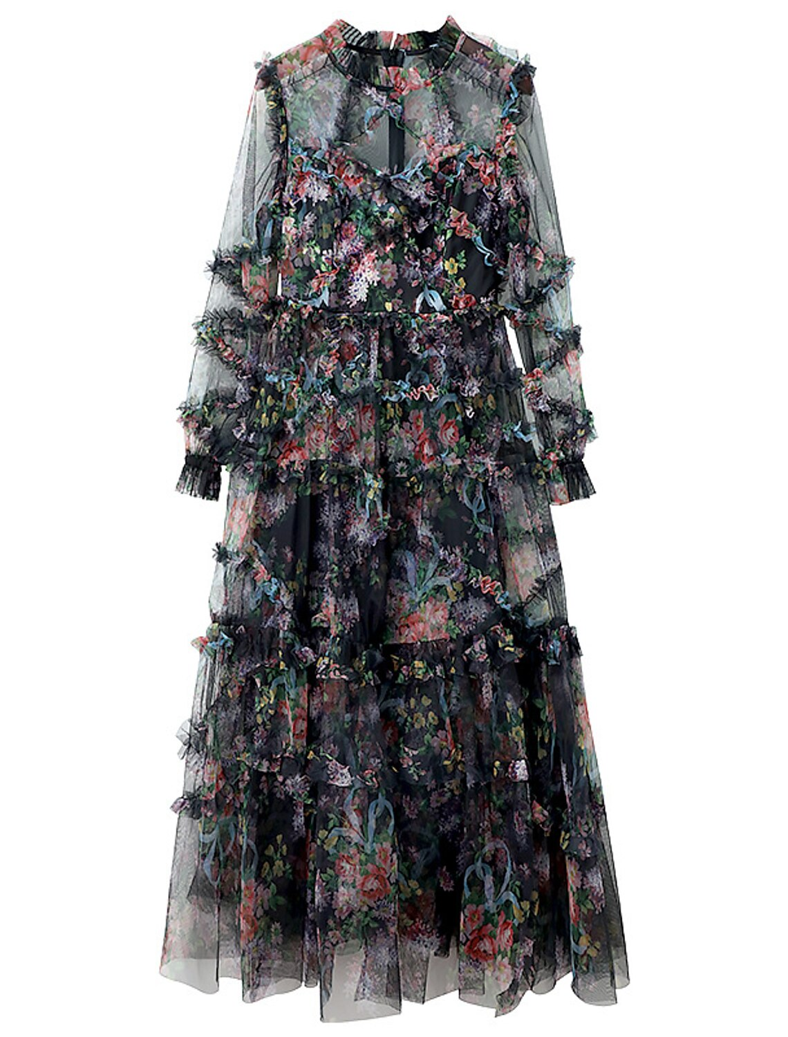 Luolandi A-Line Prom Dresses Floral Dress Wedding Guest Ankle Length Long Sleeve Jewel Neck Polyester with Ruffles Pattern