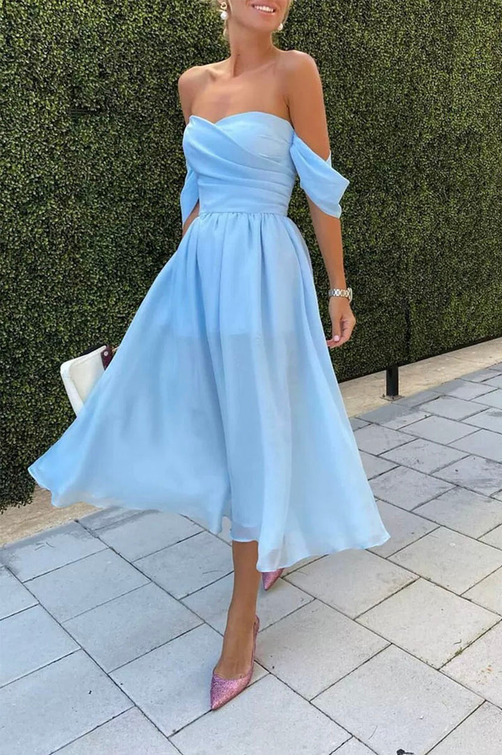 Luolandi Elegant Blue Off the Shoulder Short Prom Dress A-Line Homecoming Dress Simple Party Dressr