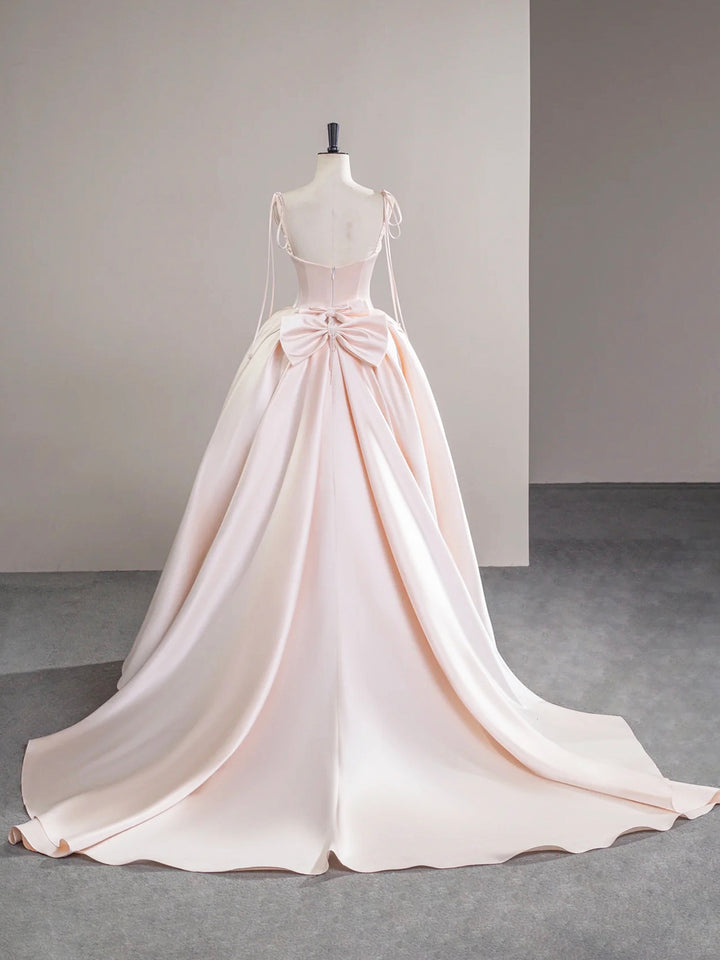 Luolandi Light Pink Satin Spaghetti Strap Long Prom Dress Beautiful A-Line Evening Dress with Bow Beautiful