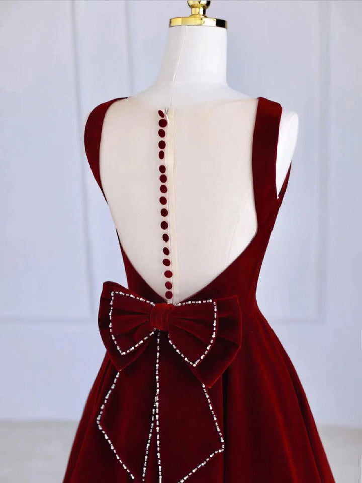 Luolandi Burgundy Tea Length Velvet Prom Dress with Bowknot Burgundy Evening Party Dress Beautiful