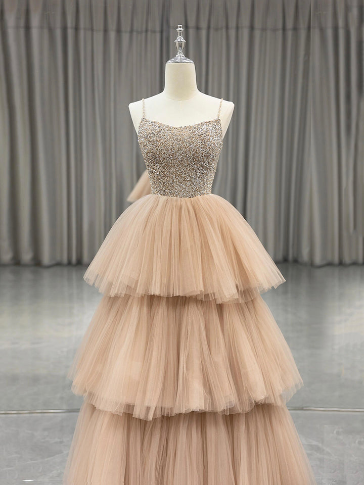 Luolandi Tulle Layers Long Party Dress with Beaded A-Line Beige Spaghetti Strap Evening Dress