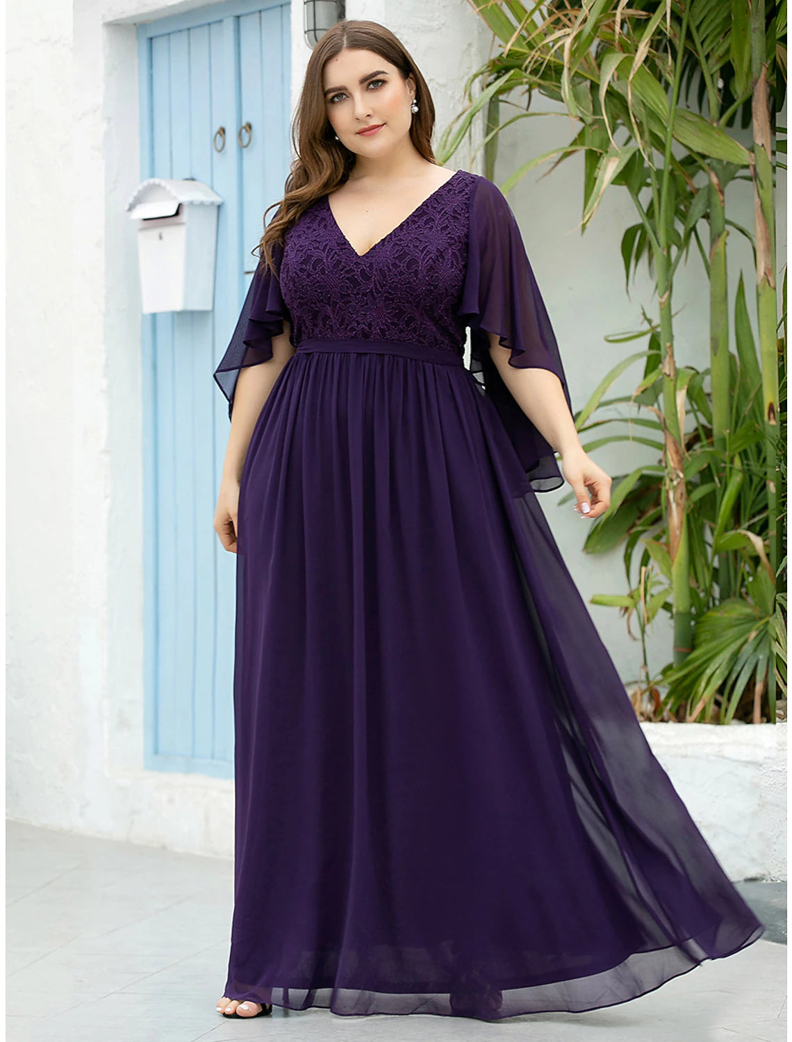 Luolandi A-Line Mother of the Bride Dress Plus Size Elegant V Neck Floor Length Chiffon Tulle Half Sleeve with Sash