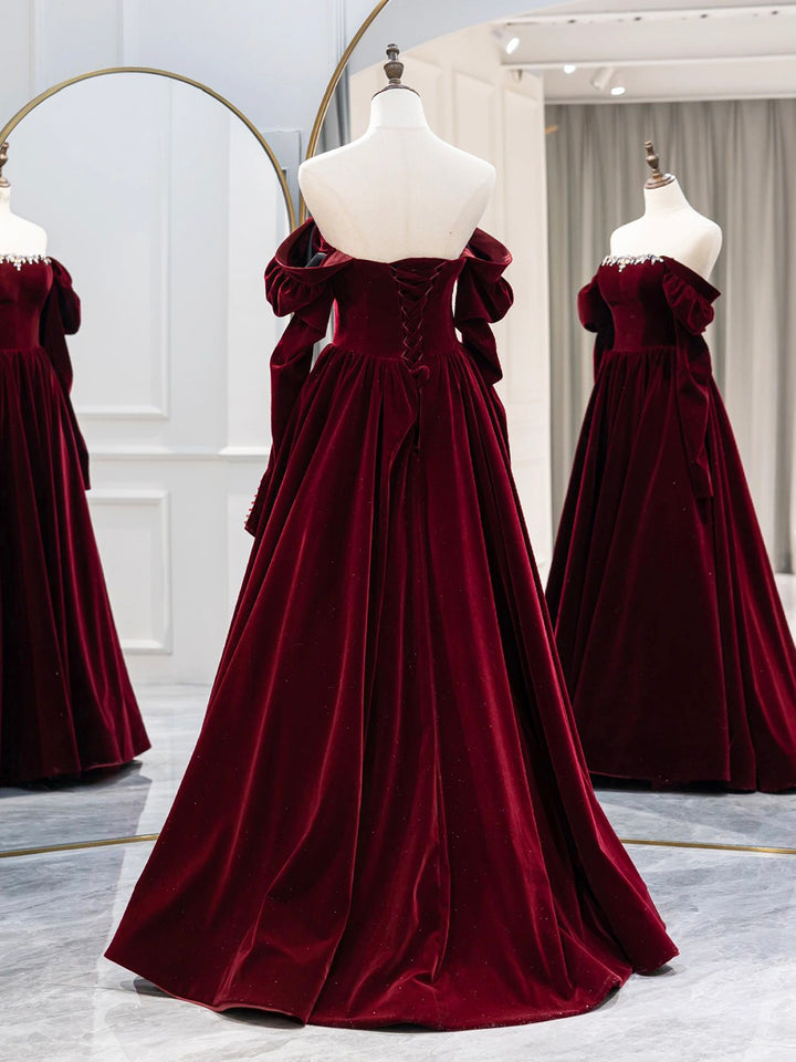 Luolandi Burgundy Velvet Long Formal Dress Elegant Long Sleeve A-Line Prom Dress Evening Dresses