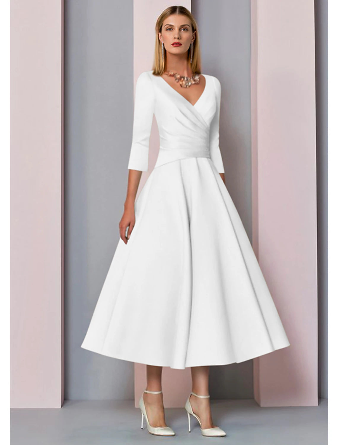 Luolandi A-Line Mother of the Bride Dress Fall Wedding Guest Vintage Plus Size Elegant V Neck Tea Length Satin 3/4 Length Sleeve