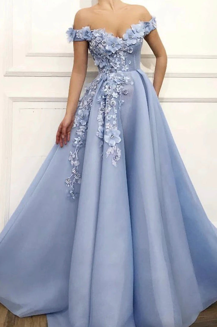 Luolandi Blue Off the Shoulder Long Prom Dress A-Line Blue Evening Dress With Flowers