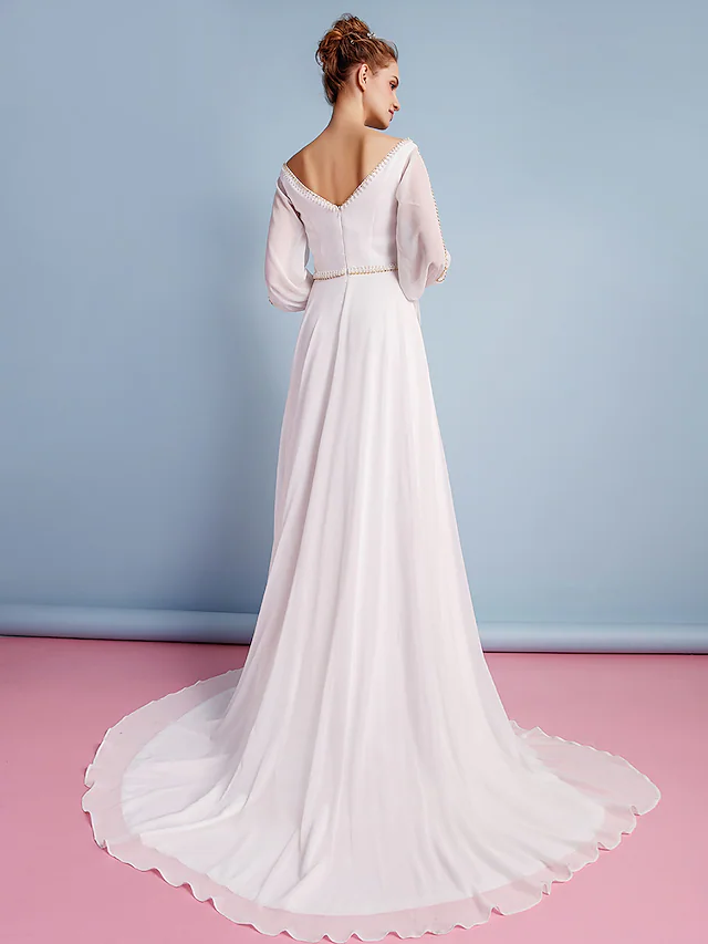 Luolandi Wedding Dresses V Neck Court Train Chiffon Long Sleeve with Beading Pure Color
