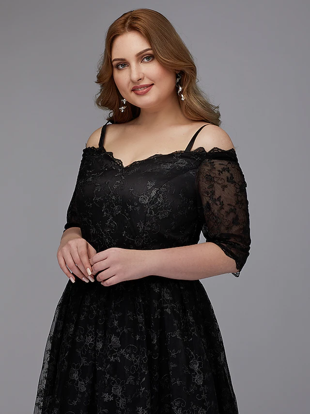 Luolandi A-Line Plus Size Cocktail Party Prom Dress Spaghetti Strap Half Sleeve Asymmetrical Lace with Pleats Lace
