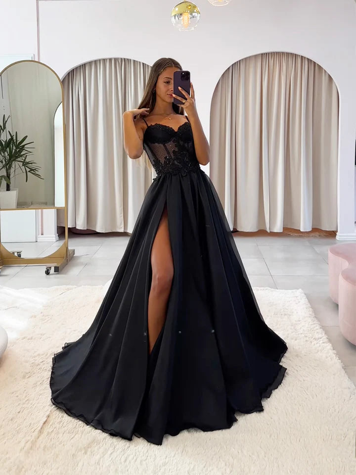 Luolandi Black Chiffon Lace Long Prom Dress Spaghetti Strap A-Line Evening Dress with Slit Sexy