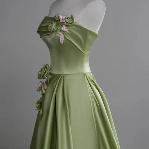 Luolandi Green A-line Ballgown Satin with Flowers Long Evening Dress Satin Prom Dress Evening Dress