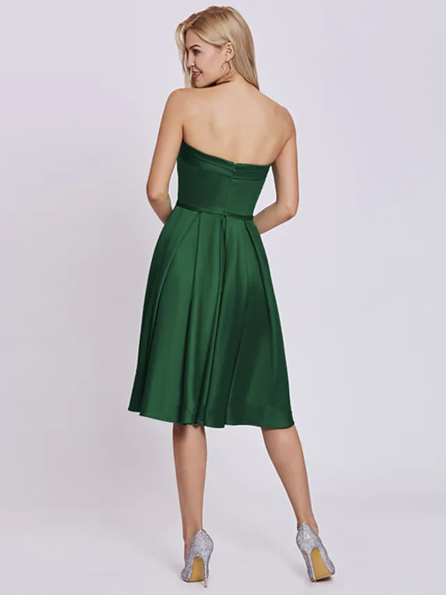 Luolandi A-Line Minimalist Elegant Engagement Cocktail Party Dress Strapless Sleeveless Knee Length Satin with Bow(s)