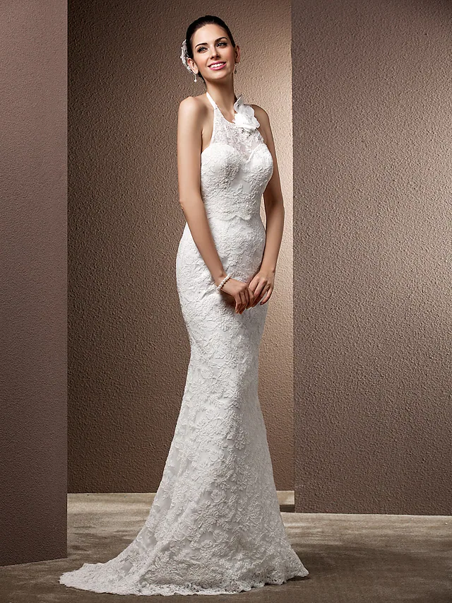 Luolandi Wedding Dresses Halter Neck Lace Regular Straps Open Back with Beading Flower