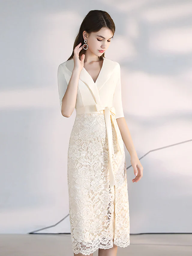 Luolandi Elegant bodycon Homecoming Cocktail Party Dress V Neck Half Sleeve Knee Length Lace Fabric with Sash