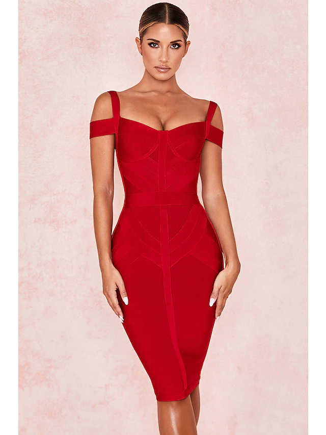 Luolandi Hot Sexy Party Wear Cocktail Party Valentine's Day Dress Off Shoulder Sleeveless Knee Length Spandex