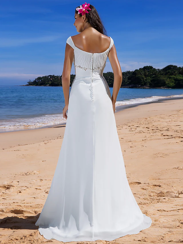 Luolandi Wedding Dresses Scoop Neck Chiffon Cap Sleeve Beach Plus Size with Beading Draping