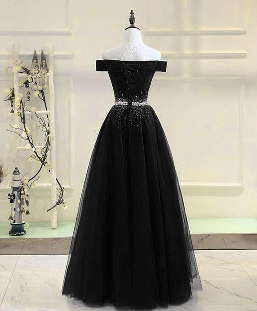 Luolandi Black Tulle Off Shoulder Beaded Party Dress New Dress for Party Elegant Evening Dress