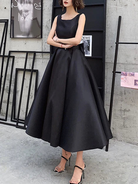 Luolandi Black Satin Backless Tea Length Vintage Style Party Dress Short Prom Dress Formal Dress Evening Dress With Bow