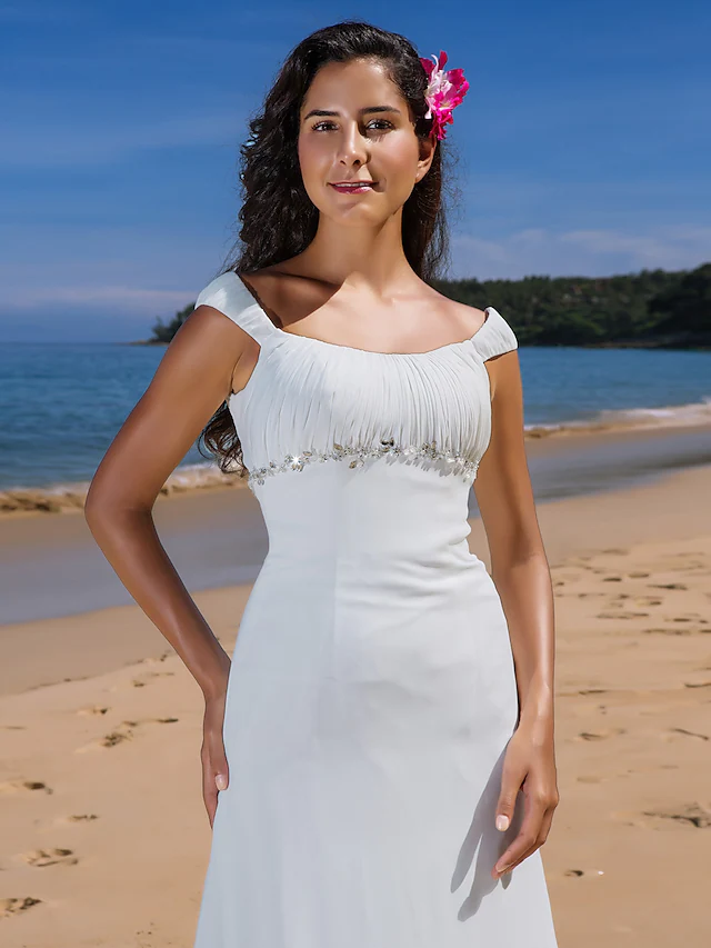 Luolandi Wedding Dresses Scoop Neck Chiffon Cap Sleeve Beach Plus Size with Beading Draping