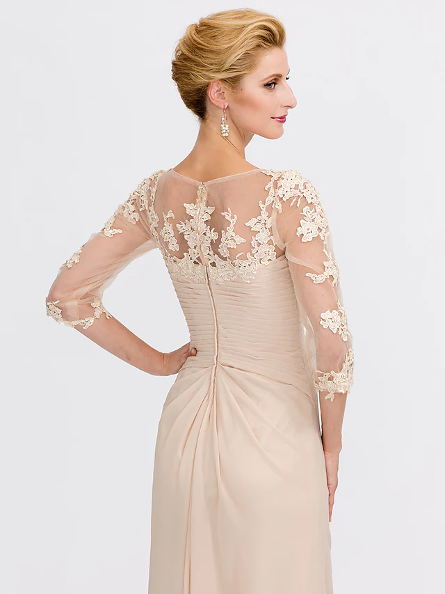 Luolandi Mother of the Bride Dress Elegant See Through V Neck Floor Length Chiffon Sheer Lace Half Sleeve