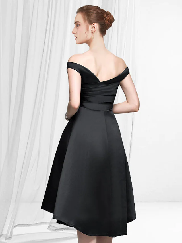 Luolandi A-Line Reformation Amante Minimalist Party Wear Cocktail Party Dress Off Shoulder Sleeveless Asymmetrical Satin