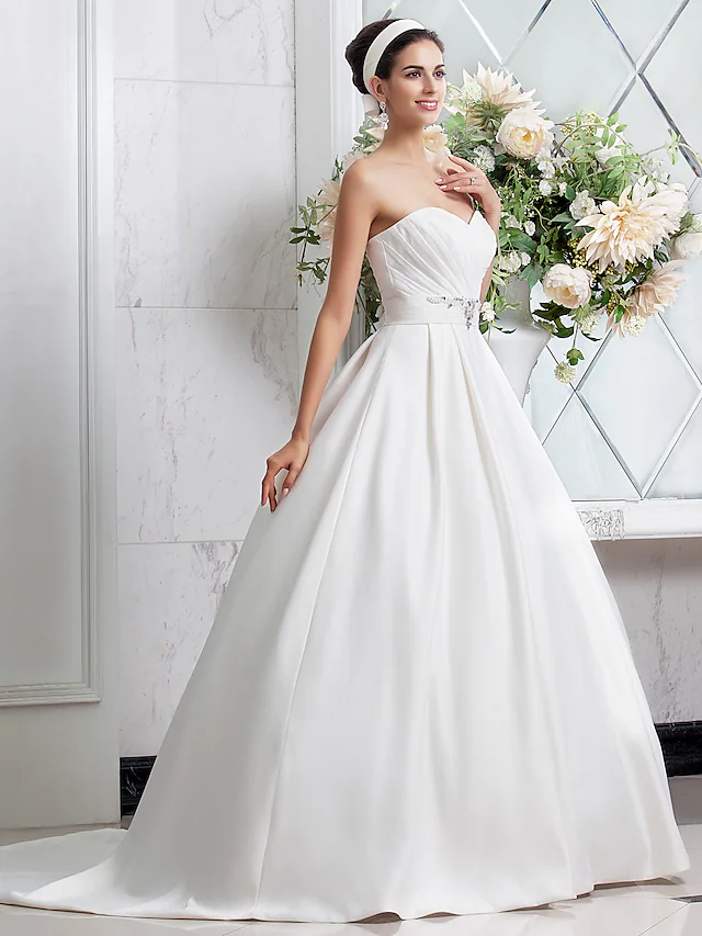 Luolandi Princess A-Line Wedding Dresses Sweetheart Neckline Satin Sleeveless with Sash Ribbon Ruched